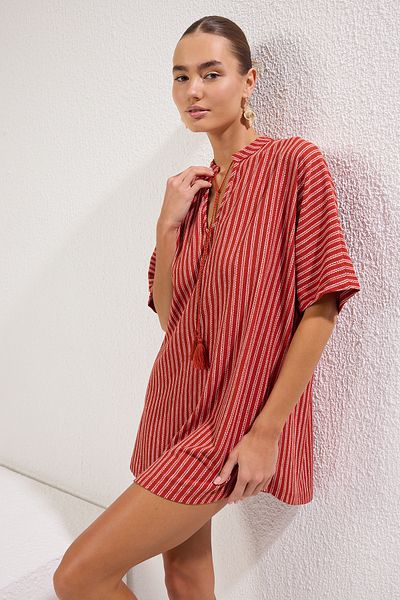Trendyol Collection Καφέ ριγέ Φαρδιά Εφαρμογή Μίνι πλεκτή γραβάτα φόρεμα παραλίας TBESS23EL00080