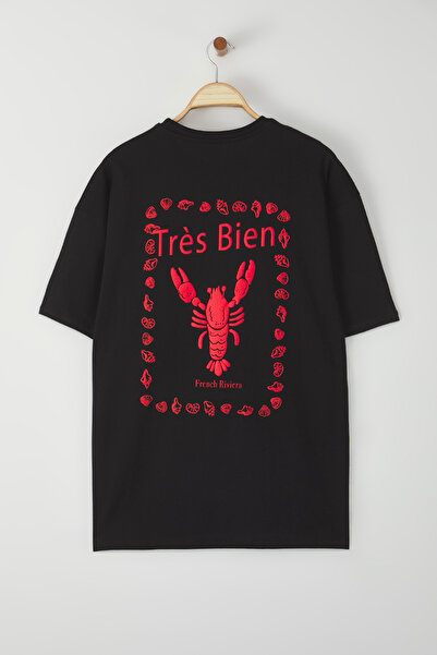 Trendyol Collection Μαύρο μπλουζάκι Unisex Oversize/Φαρδιά κοπή με στάμπα Lobster TMNSS25TS00051