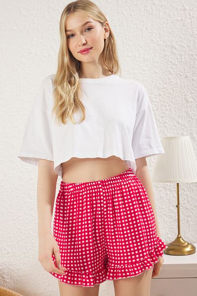 Trendyol Collection 2-Piece Red-Navy Plaid Pajama Bottoms - 100% Viscous, Ruffled Shally Woven Thmss25Pj00015