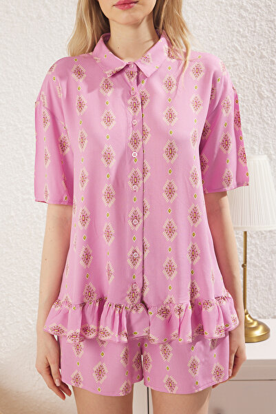 Trendyol Collection Ethnic Pink Ruffle Shorts Pajamas Set - Thmss25Pt00270