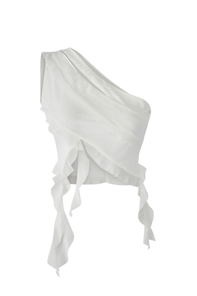 Trendyol Collection Ecru Asymmetrical Neckline and Cut Out Detail Lined Tulle Blouse - Ruffle Design, Limited Edition Twoss25Bz00292