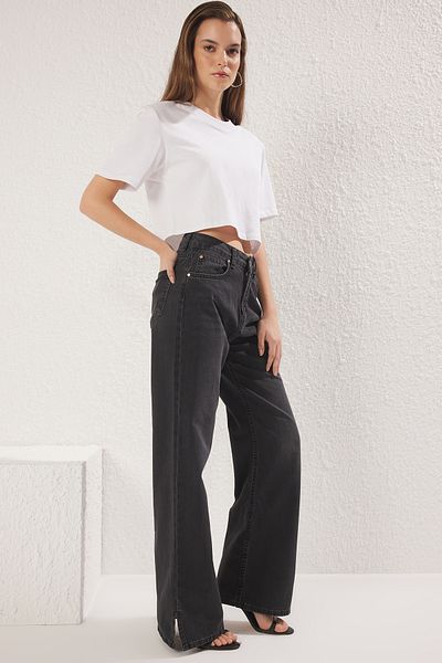 Trendyol Collection Black Leg Slit High Waist Wide Leg Jeans Twoss25Je00057
