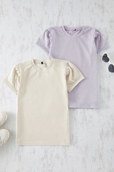 TRENDYOLKIDS Lila-kő 2 csomagos lány ballon ujjú kötött póló TKDSS25TS00056