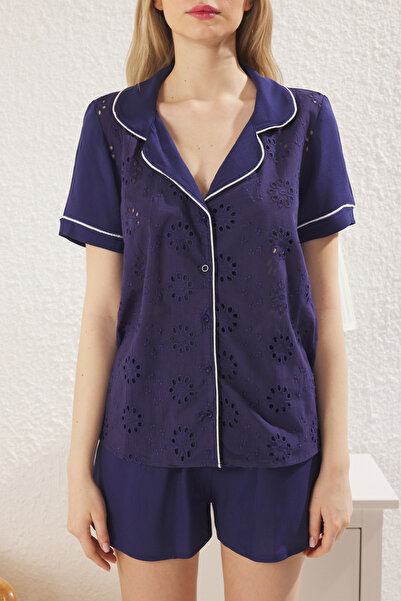 Trendyol Collection Navy Plain Ribbed Shally Woven Pajamas Set Thmss25Pt00051