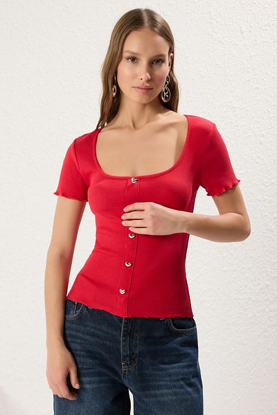 Trendyol Collection Stretchy Red Knitted Blouse - Heart Buttons, Pool Neck, Fitted Twoss25Bz00221