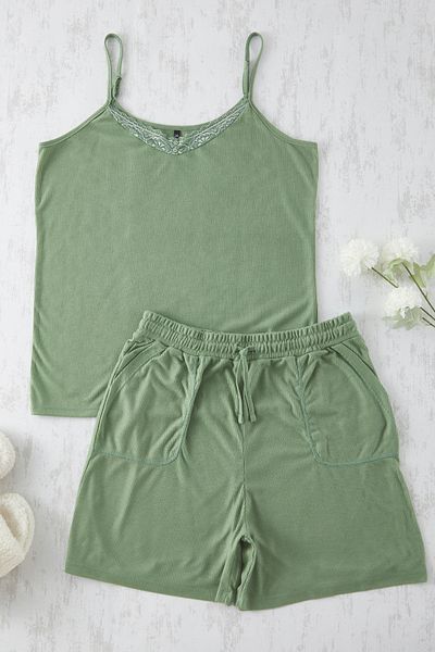Trendyol Curve Dunkel-mintfarbenes Spitzen-Schnür-Camisole-Pyjama-Set TBBSS25AI00037