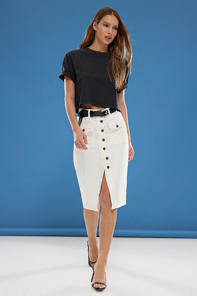 Trendyol Collection Джинсова спідниця міді з детальною кишенею екрю TWOSS25ET00105