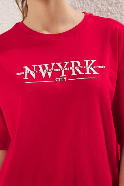 Trendyol Collection High Print Red Knitted T-Shirt - 100% Cotton, Wide Fit Twoss25Ts00083