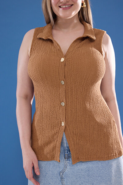 Trendyol Curve Πλεκτή μπλούζα μεγάλου μεγέθους με υφή κανέλας