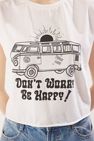 Trendyol Collection Μπλουζάκι Ecru Crew Neck 100% Cotton Crop - TWOSS23TS00122