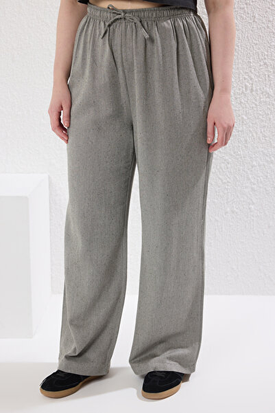 Trendyol Curve Khaki Cotton-Linen Content High Waist Woven Large Size Pants Tbbss25Ar00026