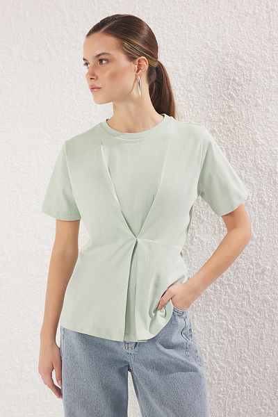 Trendyol Collection Mintfarbene, plissierte Strickbluse mit Rundhalsausschnitt – TWOSS24BZ00302