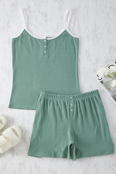 Trendyol Curve Mintfarbenes Spitzendetail-Strick-Pyjama-Set TBBSS25AI00035