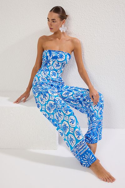 Trendyol Collection Pánt nélküli geometrikus mintás blúz és nadrág strandkészlet - TBESS24AU00017
