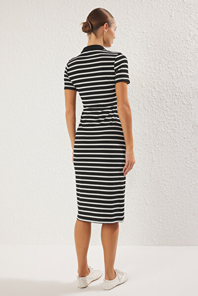 Trendyol Collection Black Striped Polo Neck Midi Stretchy Knitted Dress Twoss25El00360