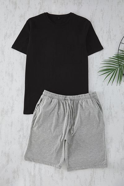 Trendyol Collection Schwarz-graues, regulär geschnittenes, gestricktes Shorts-Pyjama-Set TMNSS25PT00033