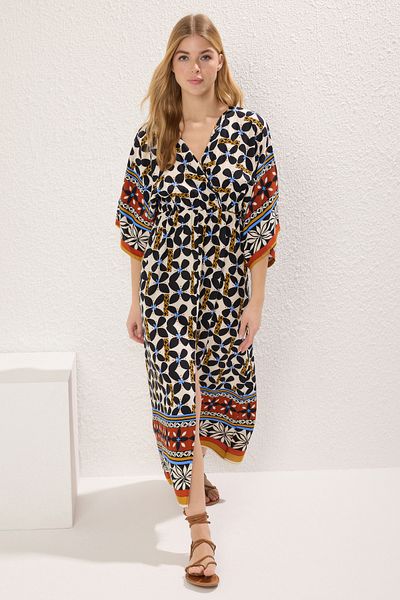 Trendyol Collection A-Line Double Breasted Neckline Midi Dress - Multicolor Ethnic Print Dwoss24El00913