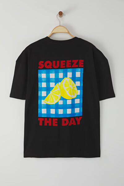 Trendyol Collection Lemon Printed Black Oversize Cotton T-Shirt - Tmnss23Ts00089