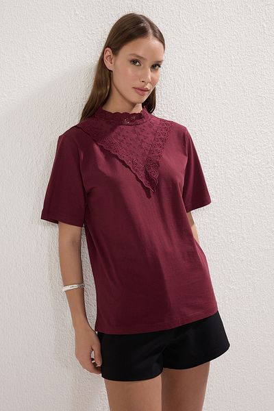 Trendyol Collection Pamut hímzett kötött blúz - állógallér, normál szabású TWOSS23BZ00879
