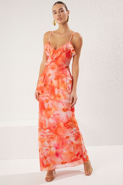 Trendyol Collection Mehrfarbiges, gerades A-Linien-Maxi-Abendkleid aus gestricktem Tüll mit Volants und Abschlusskleid