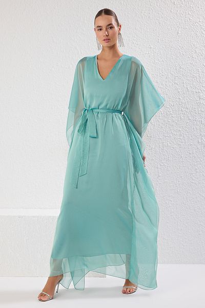 Trendyol Collection Mint V Neck Chiffon Woven Maxi Stylish Evening Dress Tprss25Ae00044