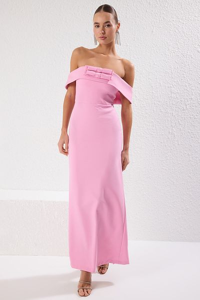 Trendyol Collection Rosafarbenes, gerades, gerades, gewebtes Finike-Maxikleid mit Schleife und Heimkehrkleid