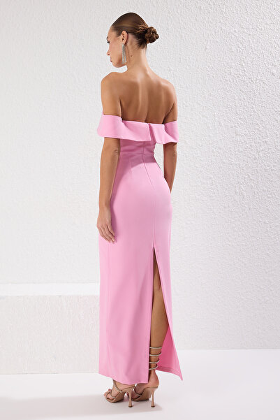 Trendyol Collection Růžové rovné rovné mašle tkané Finike Maxi večerní šaty a šaty pro návrat domů