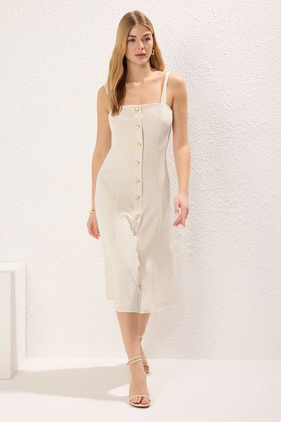 Trendyol Collection Ecru rovné A-Line midi tkané šaty Twoss25El00287