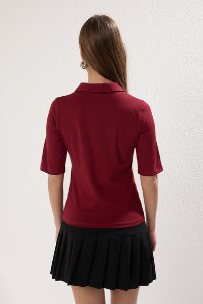 Trendyol Collection Dark Cherry Polo Neck Three Quarter Sleeve Knitted Blouse Twoss25Bz00027
