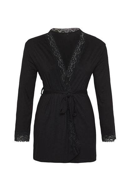 Trendyol Curve Viskose-Strick-Morgenmantel mit schwarzen Spitzendetails TBBSS25SB00000