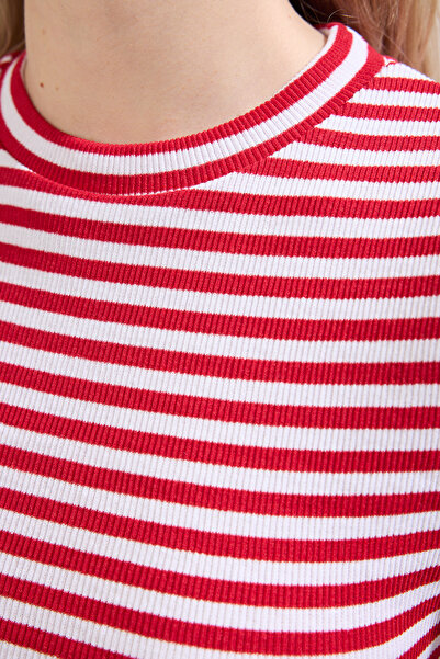 Trendyol Collection Crew Neck Stretchy Ribbed Blouse - Red/Ecru Stripe, Body Sitting Twoss23Bz00025