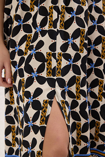 Trendyol Collection A-vonalú, kétsoros galléros midi ruha - többszínű etnil mintás DWOSS24EL00913