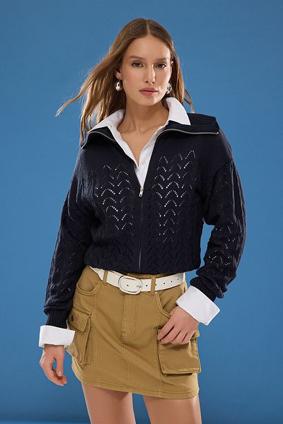 Trendyol Collection Navy Blue Turn-Down Collar Openwork Knitwear Cardigan Twoss25Hi00003