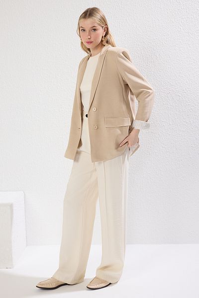 Trendyol Collection Nerz gestreifte, detaillierte, normale Blazerjacke TWOSS25BC00029