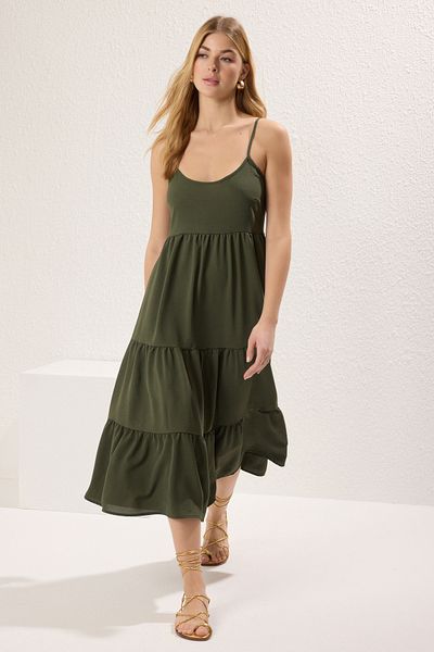 Trendyol Collection Khaki Straight Hem Waist Opening Midi Woven Dress Twoss22El1837
