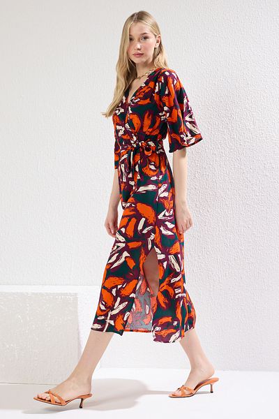 Trendyol Collection Multicolor Belted Floral Print A-Line Double Breasted Neckline Midi Woven Dress Twoss24El00915