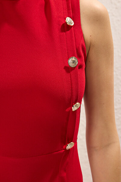 Trendyol Collection Red Button Detail Skirt Waist Opening Midi Woven Dress Twoss25El00213