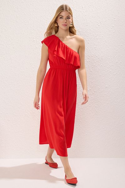 Trendyol Collection Red Floral Straight Cut Midi Woven Dress Twoss25El00283