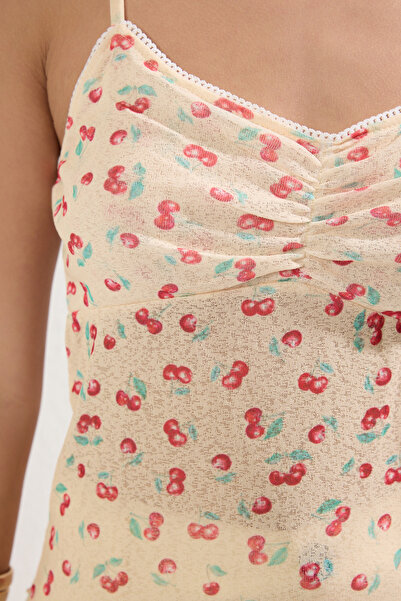 Trendyol Collection Yellow Cherry Printed Hanging Stretchy Blouse Twoss24Bz00425