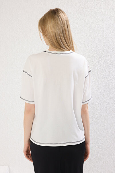 Trendyol Collection Ecru Green 100% Cotton Karyoka Stitched Printed Relaxed/Wide Relaxed Fit Knitted T-Shirt Twoss21Ts0656