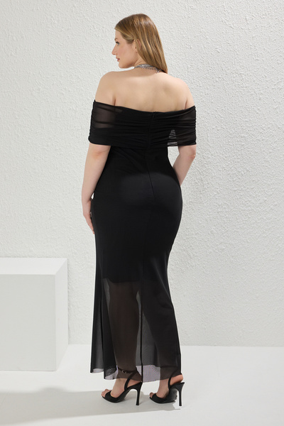 Trendyol Curve Černé tylové pletené šaty větší velikosti