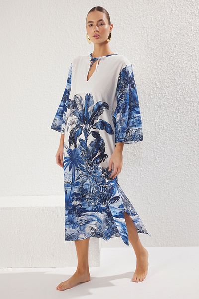 Trendyol Collection Tropical Print Maxi Woven Tassels Beach Dress Tbess25El00046