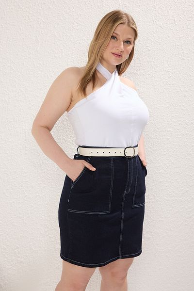 Trendyol Curve Dark Blue Denim Large Size Skirt