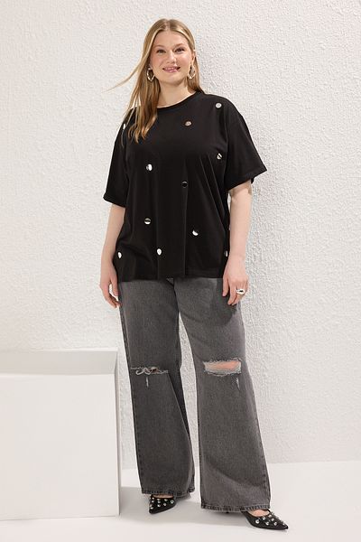 Trendyol Curve Plus Size Black Knitted Tshirt - Sticking Mirror Accessory Tbbss25Bf00040