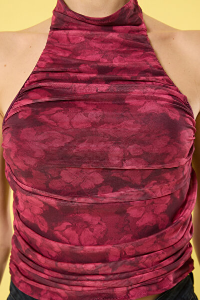 Trendyol Collection Fuchsia Halter Neck Draped Blouse - Tulle Knitted, Fitted, Twoss24Bz00062