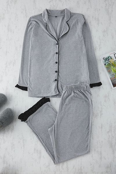 Trendyol Curve Pyjama-Set mit Hemdkragen in Melange-Optik in Grau – TBBAW25AI00056