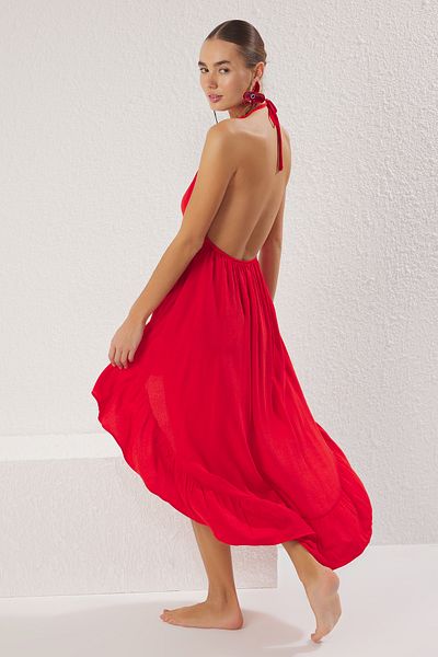 Trendyol Collection Red Mini Woven Flounce Beach Dress Tbess25El00094