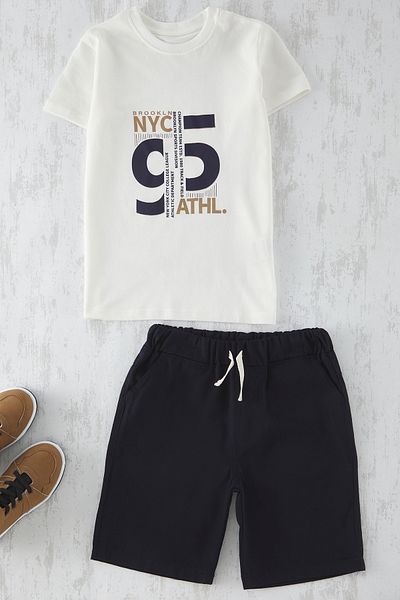 TRENDYOLKIDS Ecru Printed Knitted Bottom-Top Suit Tkdss25Au00033