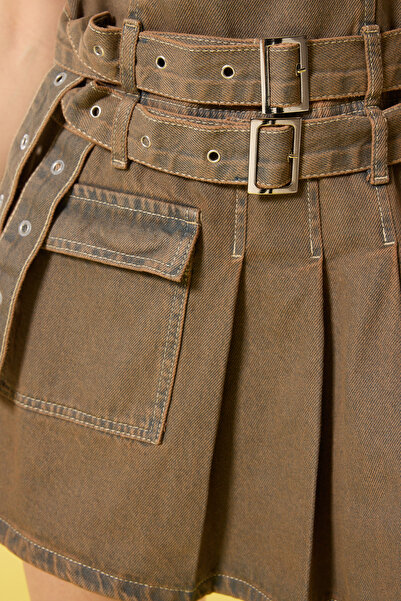 Trendyol Collection Brown Belt Pocket Detail Pleated Mini Denim Dress Twoss25El00172