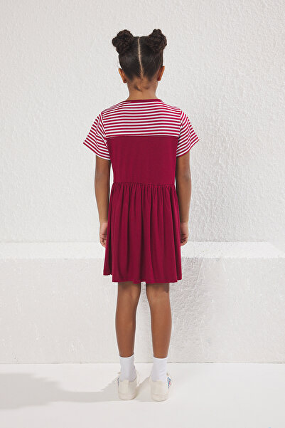 TRENDYOLKIDS Burgundy Midi Striped Knitted Dress Tkdss25El00059